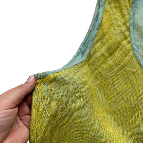 FLAX Jeanne Engelhart MEDIUM 100% Linen Yellow Blue Sleeveless Tunic Tank Top - Picture 4 of 6